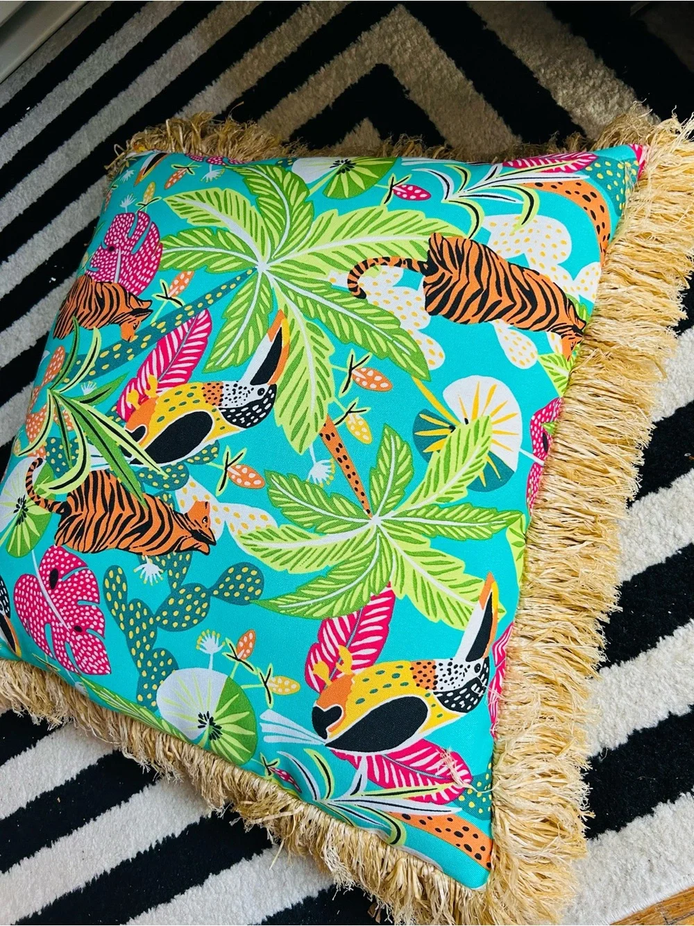 Oversized Statement Raffia Fringe Pillow Tropical Safari Print‎ 20”